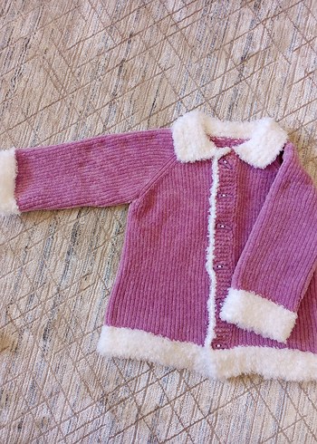 Kız Çocuk Pembe Kürklü el örgüsü Hırka - Görsel 2