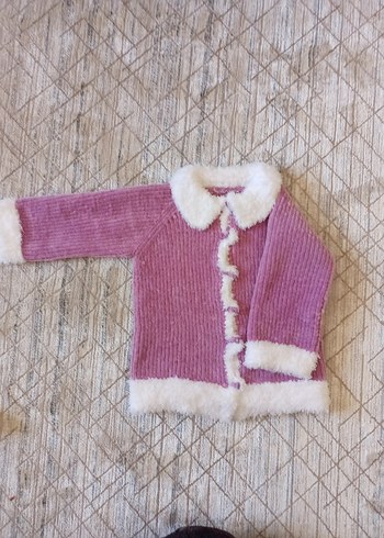 Kız Çocuk Pembe Kürklü el örgüsü Hırka - Görsel 2