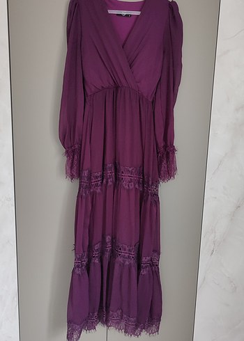 Kruvaze Kemerli Dantelli Şifon Elbise Mürdüm S Beden - Görsel 3