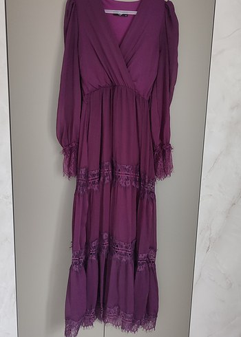 Kruvaze Kemerli Dantelli Şifon Elbise Mürdüm S Beden - Görsel 2