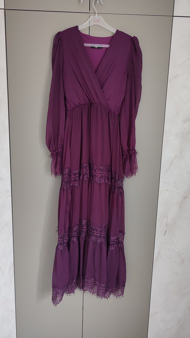 Kruvaze Kemerli Dantelli Şifon Elbise Mürdüm S Beden - Görsel 3