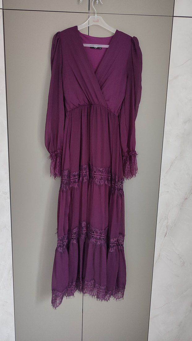 Kruvaze Kemerli Dantelli Şifon Elbise Mürdüm S Beden - Görsel 2