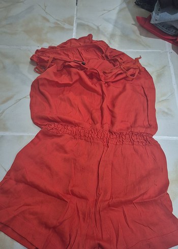 Kırmızı Keten Kolsuz Mini Tulum - Görsel 2