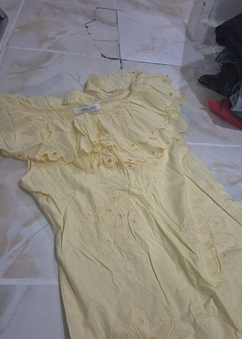 Sarı Nakışlı Uzun elbise strablez - Görsel 2