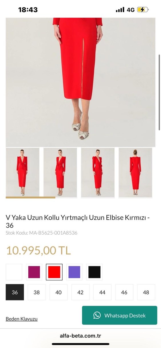 Alfabeta Kırmızı Uzun Kollu V Yaka Kadın Elbise - Görsel 3