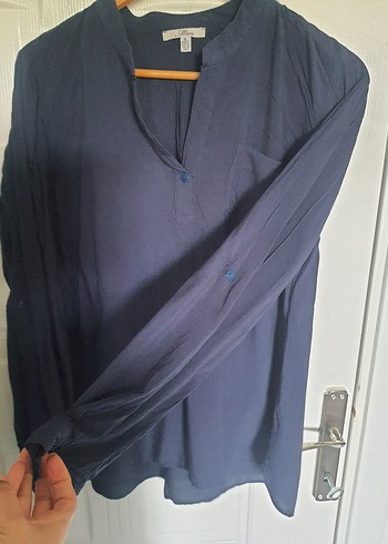 Mavi V Yakalı Uzun Kollu Kadın Gömlek - Görsel 2