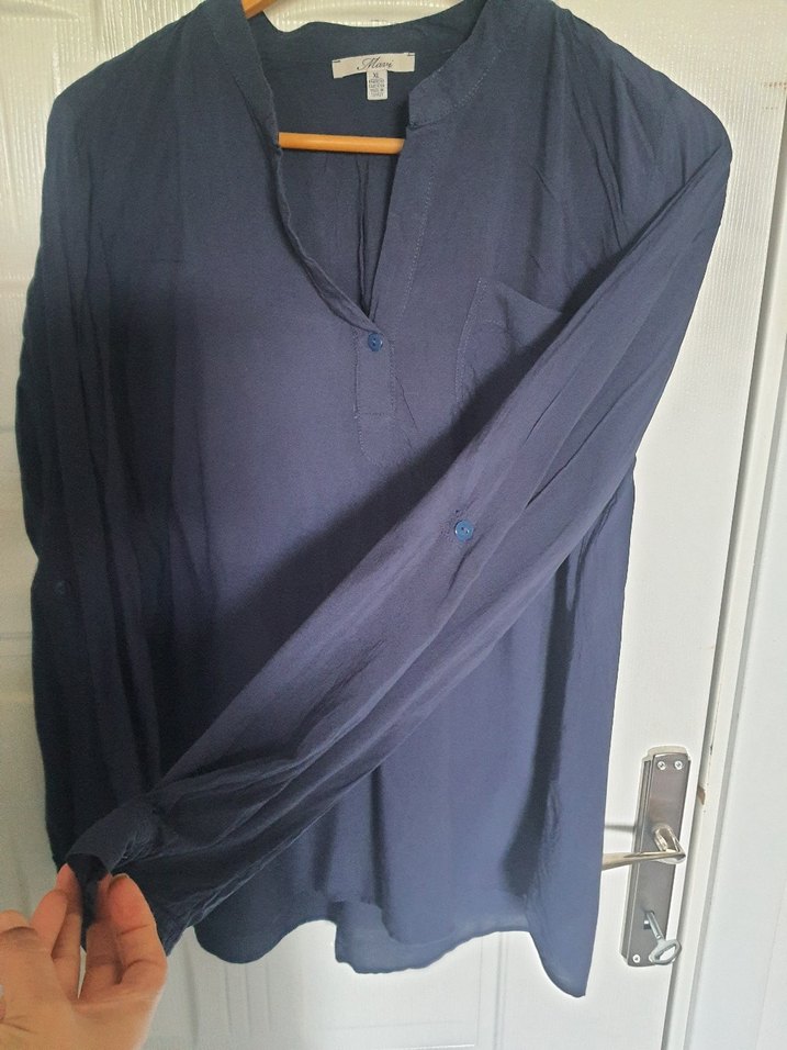 Mavi V Yakalı Uzun Kollu Kadın Gömlek - Görsel 2