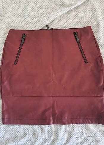 Bordo Deri Mini Etek Fermuarlı - Görsel 2