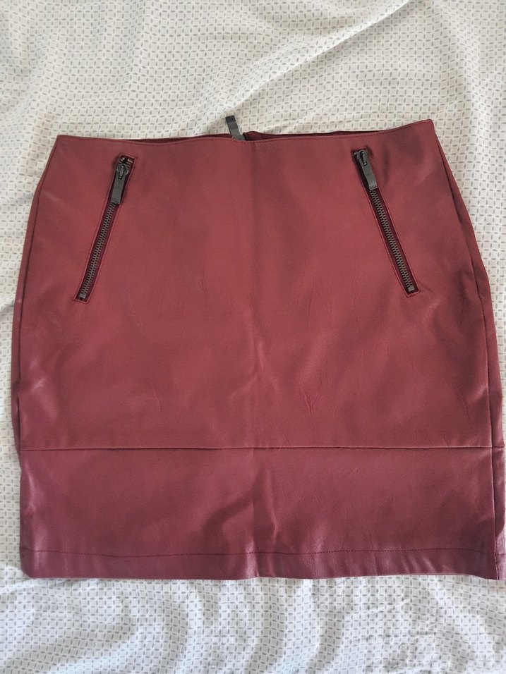 Bordo Deri Mini Etek Fermuarlı - Görsel 2