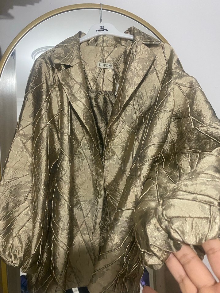 Altın Renk Uzun Keten Kadın ceket - Görsel 2