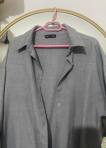 Gri Uzun Kollu Keten Gömlek - Görsel 3