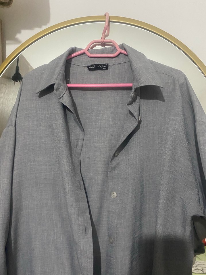 Gri Uzun Kollu Keten Gömlek - Görsel 3