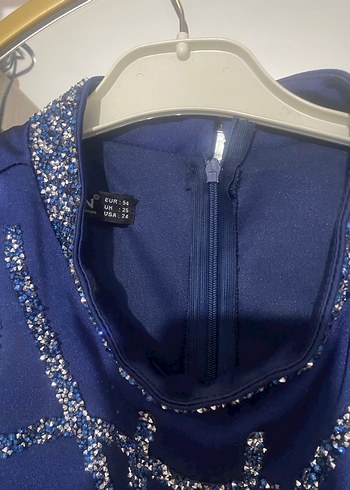 Uzun Kollu Mavi İşlemeli Abiye Elbise - Görsel 4