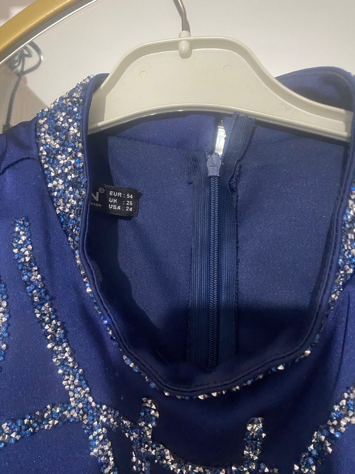 Uzun Kollu Mavi İşlemeli Abiye Elbise - Görsel 4