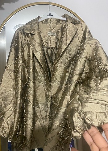 Altın Renk Uzun Keten Kadın Ceket - Görsel 2