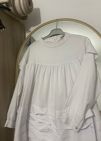 Uzun Kollu Beyaz Keten Hamile Bluzu - Görsel 2