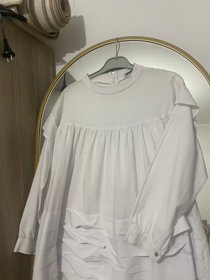 Uzun Kollu Beyaz Keten Hamile Bluzu - Görsel 2