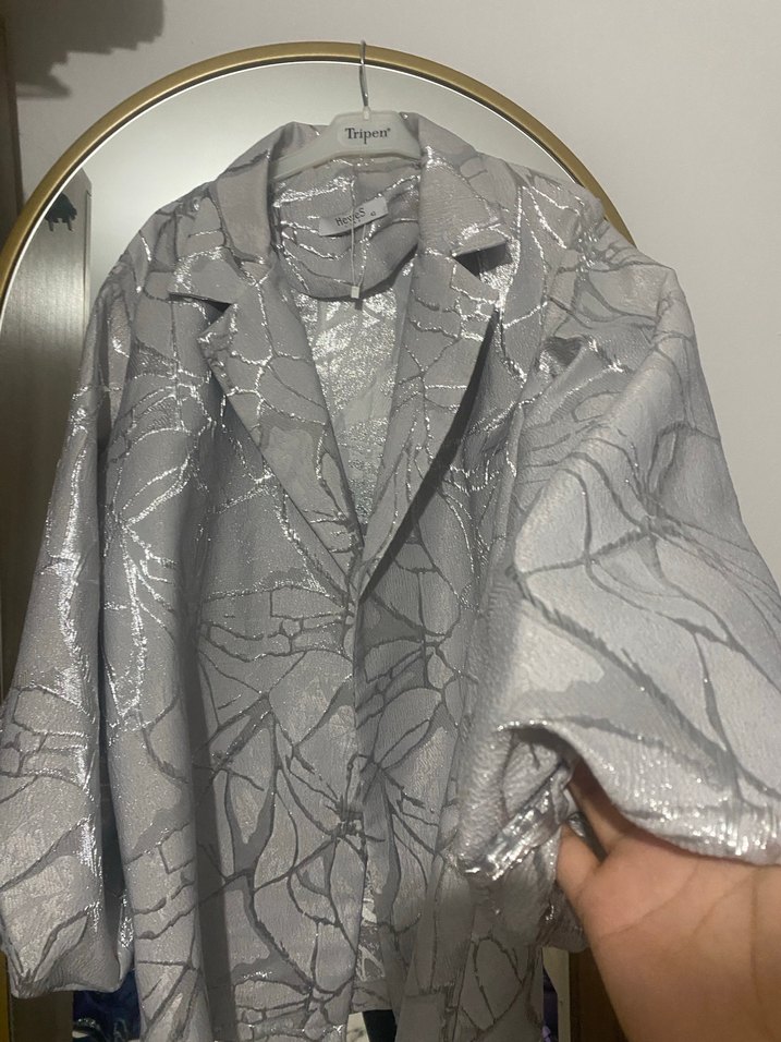 Gri  Kısa Kadın Keten Ceket - Görsel 2