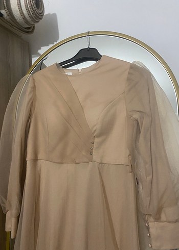 Bej Uzun Kollu Drapeli Kadın Abiye Elbise - Görsel 2