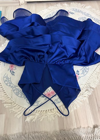 Kısa Lacivert Volanlı V Yakalı Abiye Elbise - Görsel 3