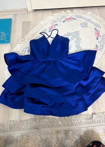 Kısa Lacivert Volanlı V Yakalı Abiye Elbise - Görsel 2