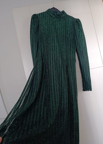 Kadın Uzun Kollu Pilili Yeşil Abiye Elbise - Görsel 2