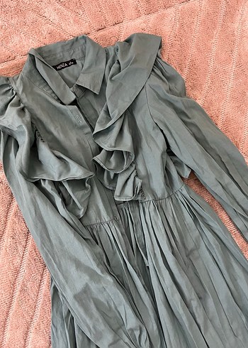 Uzun Kol, Bohem Stil Turkuaz Keten Elbise - Görsel 2