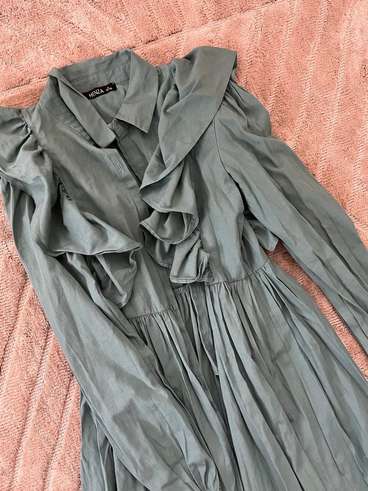 Uzun Kol, Bohem Stil Turkuaz Keten Elbise - Görsel 2