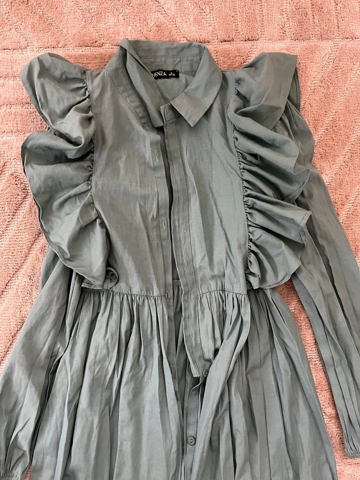 Uzun Kol, Bohem Stil Turkuaz Keten Elbise - Görsel 3