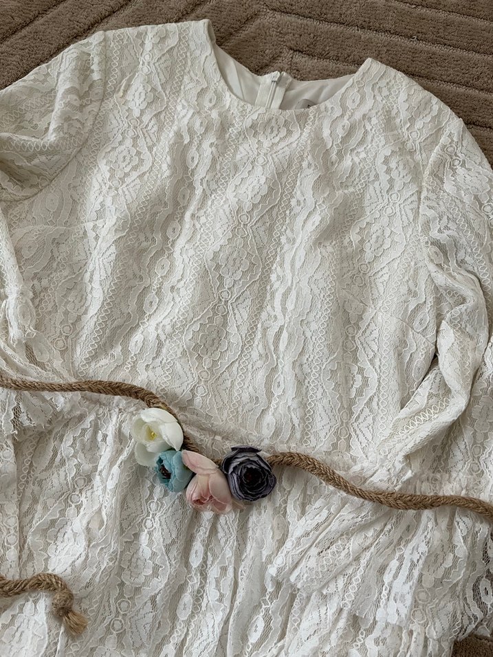 Dantel Detaylı Beyaz Bohem Midi Tesettür Elbise - Görsel 3