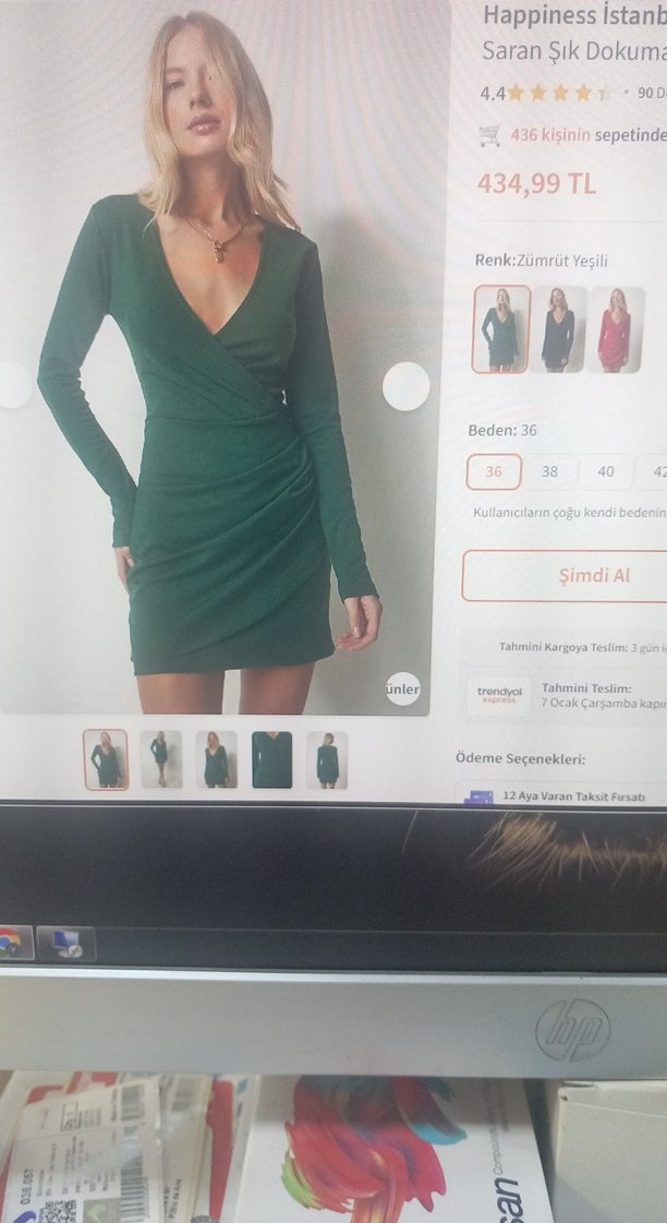 Uzun Kollu Drapeli Yeşil Mini Elbise - Görsel 2