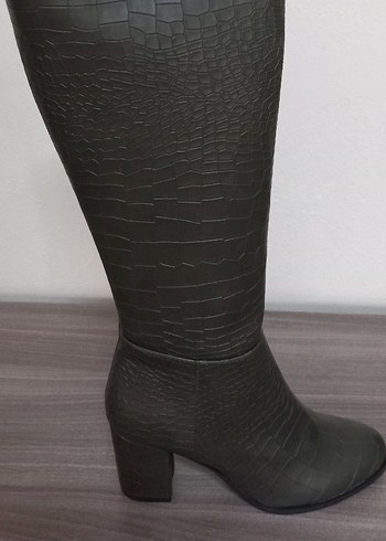 Haki Suni Deri Kadın Dizüstü Botlar - Görsel 3