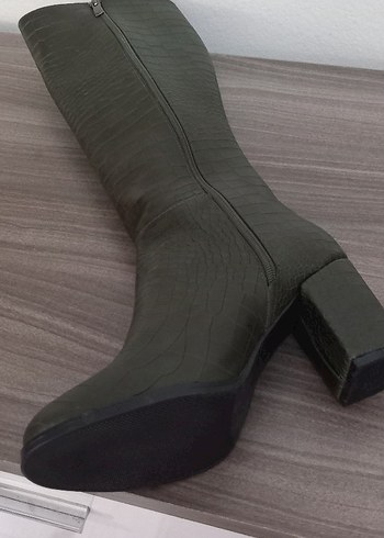 Haki Suni Deri Kadın Dizüstü Botlar - Görsel 2