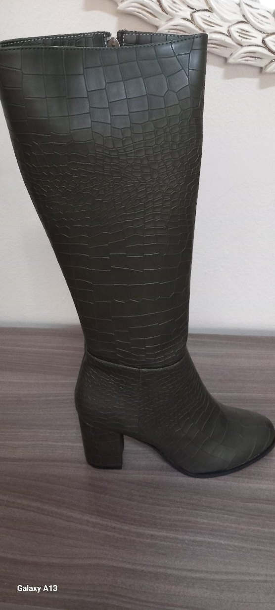 Haki Suni Deri Kadın Dizüstü Botlar - Görsel 3