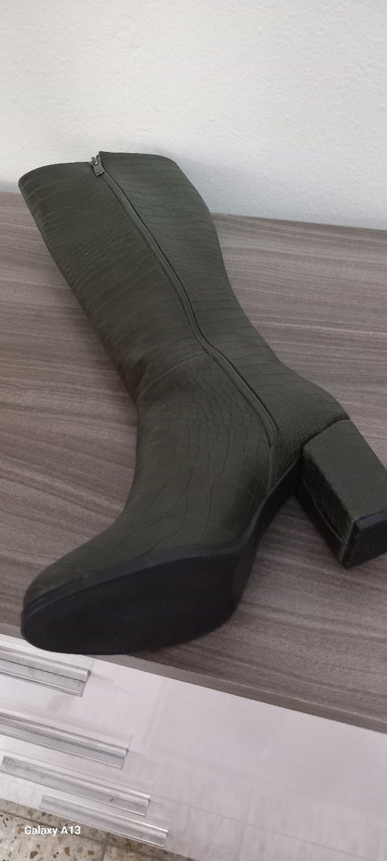 Haki Suni Deri Kadın Dizüstü Botlar - Görsel 2