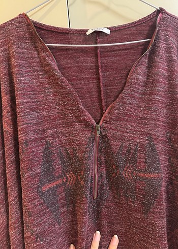 Bordo V Yaka Salaş Bohem Kadın Panço - Görsel 2