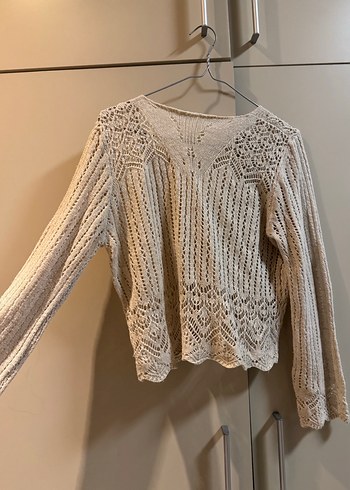 Bej V Yaka Örgü Kadın İnce Kazak - Görsel 3