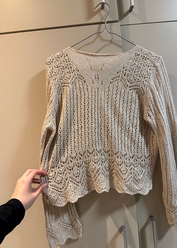 Bej V Yaka Örgü Kadın İnce Kazak - Görsel 4