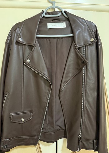 Bershka Kahverengi Deri Biker Ceket - Görsel 5