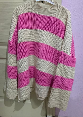 Pembe Çizgili Örgü Kadın Kazak - Görsel 2