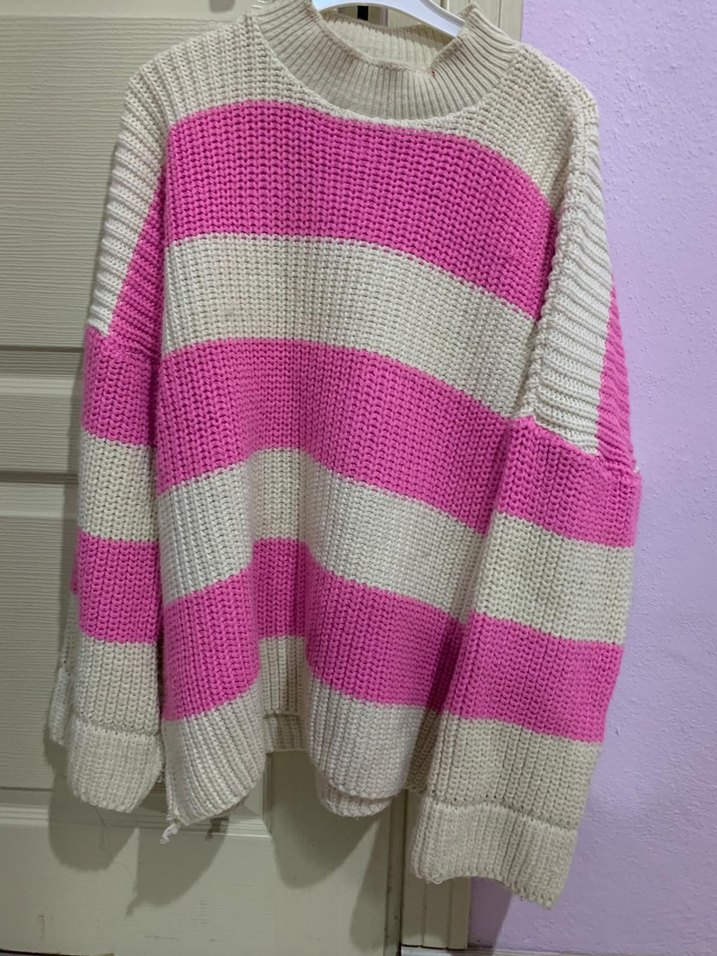 Pembe Çizgili Örgü Kadın Kazak - Görsel 2