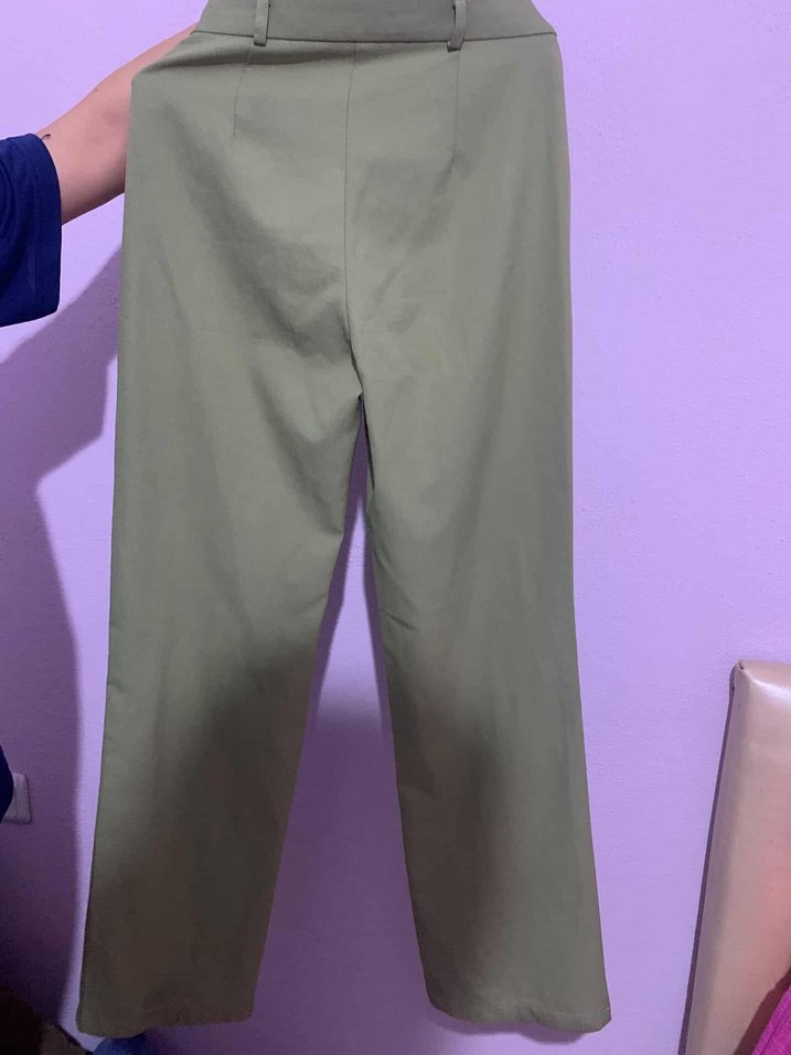 Kadın Haki Düğmeli Midi Kumaş Pantolon - Görsel 3
