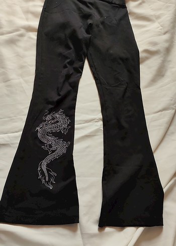 Ejderha  Desenli Siyah İspanyol Paça Pantolon - Görsel 3