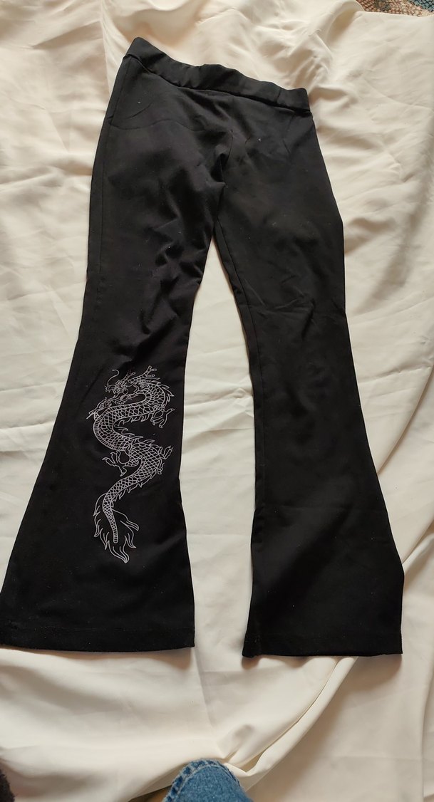 Ejderha  Desenli Siyah İspanyol Paça Pantolon - Görsel 3