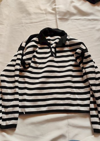 Siyah Beyaz Çizgili Kadın Triko Sweatshirt - Görsel 2