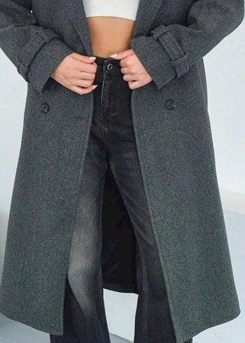 Kemerli Antrasit Gri Kadın Kaban - Görsel 3