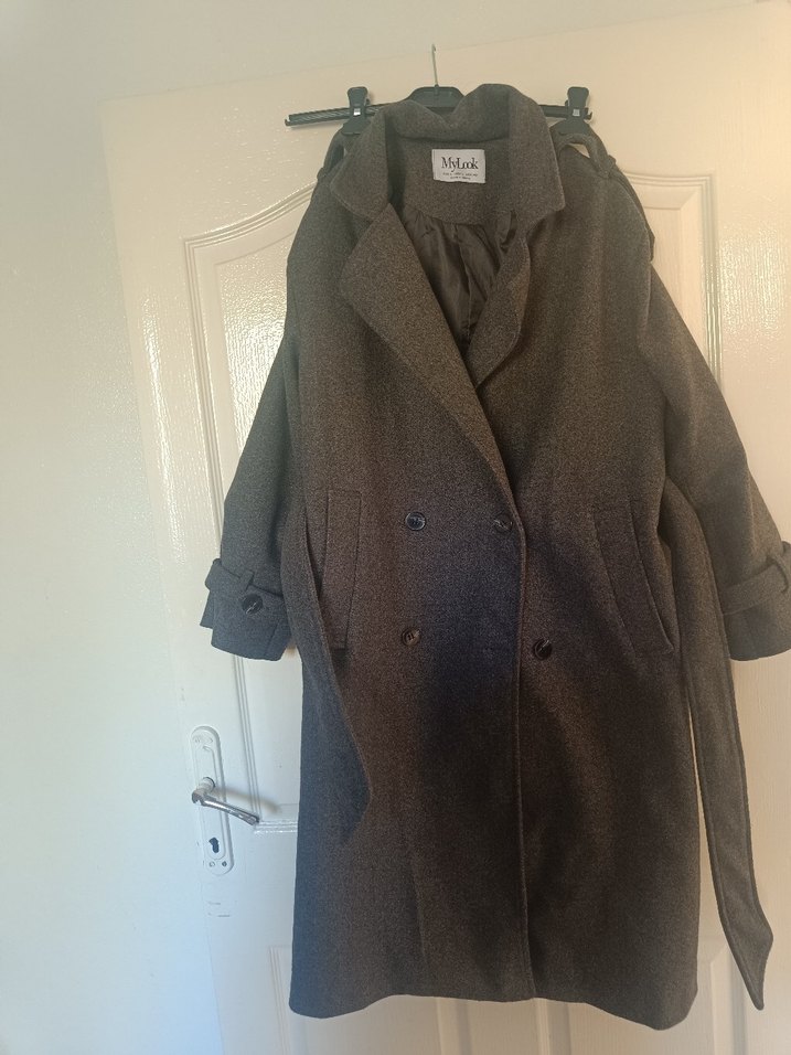 Kemerli Antrasit Gri Kadın Kaban - Görsel 4