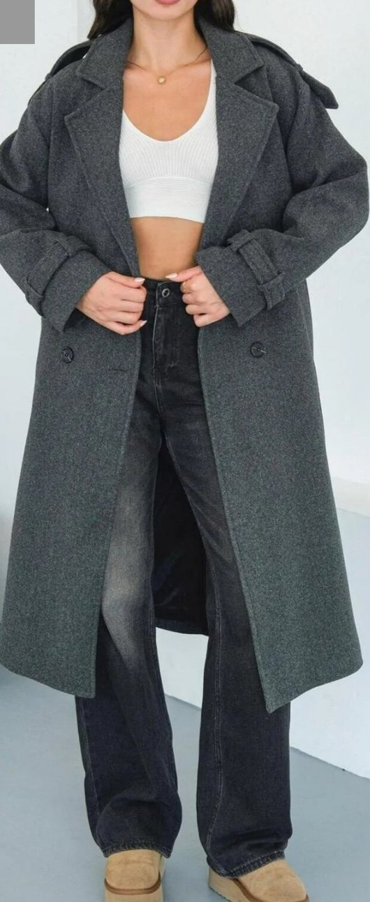 Kemerli Antrasit Gri Kadın Kaban - Görsel 3