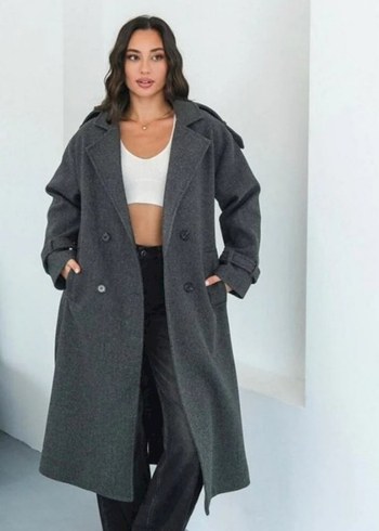 Antrasit Kuşaklı Uzun Kaban - Görsel 2