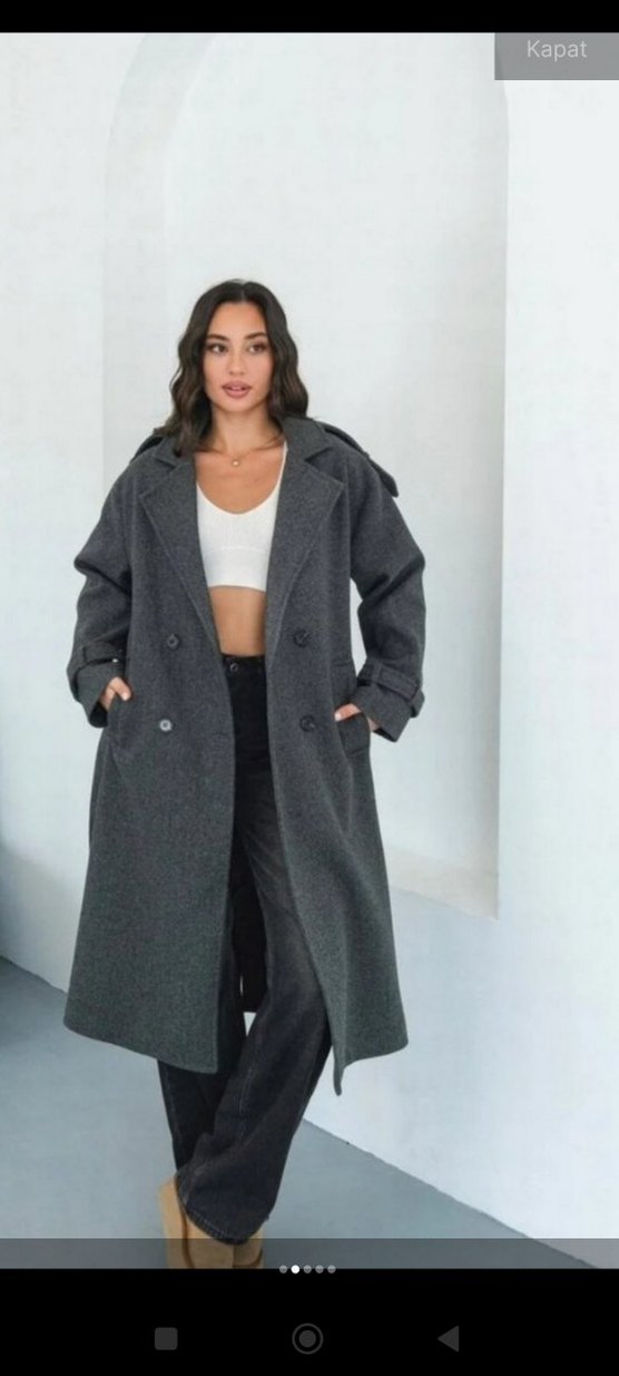 Antrasit Kuşaklı Uzun Kaban - Görsel 2
